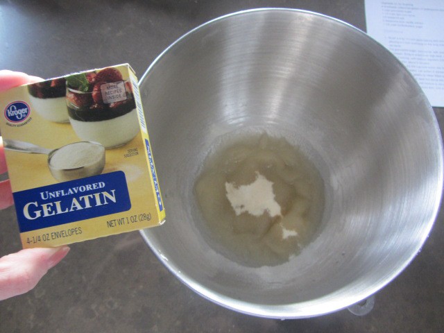 Sprinkle four packets of unflavored gelatin on top of 3/4 cup of cold water in a mixing bowl.  Let sit for 5 minutes to allow the gelatin to soften.