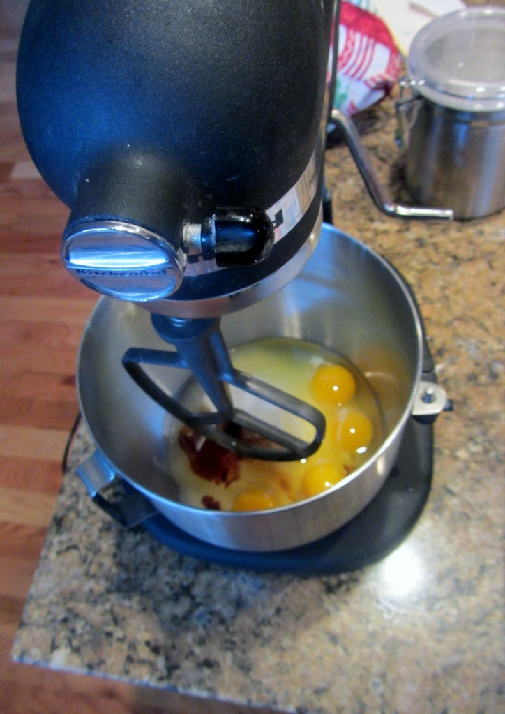 Add eggs, sugar, and vanilla to a mixing bowl.