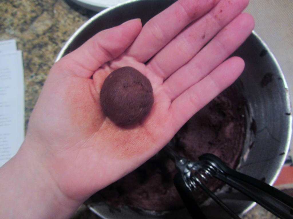 Roll your dough into uniform sized balls (around 1-1 1/2 inches). Do this as quick as possible, the heat from your hands will make the chocolate start melting in your hands. This can get a bit messy.