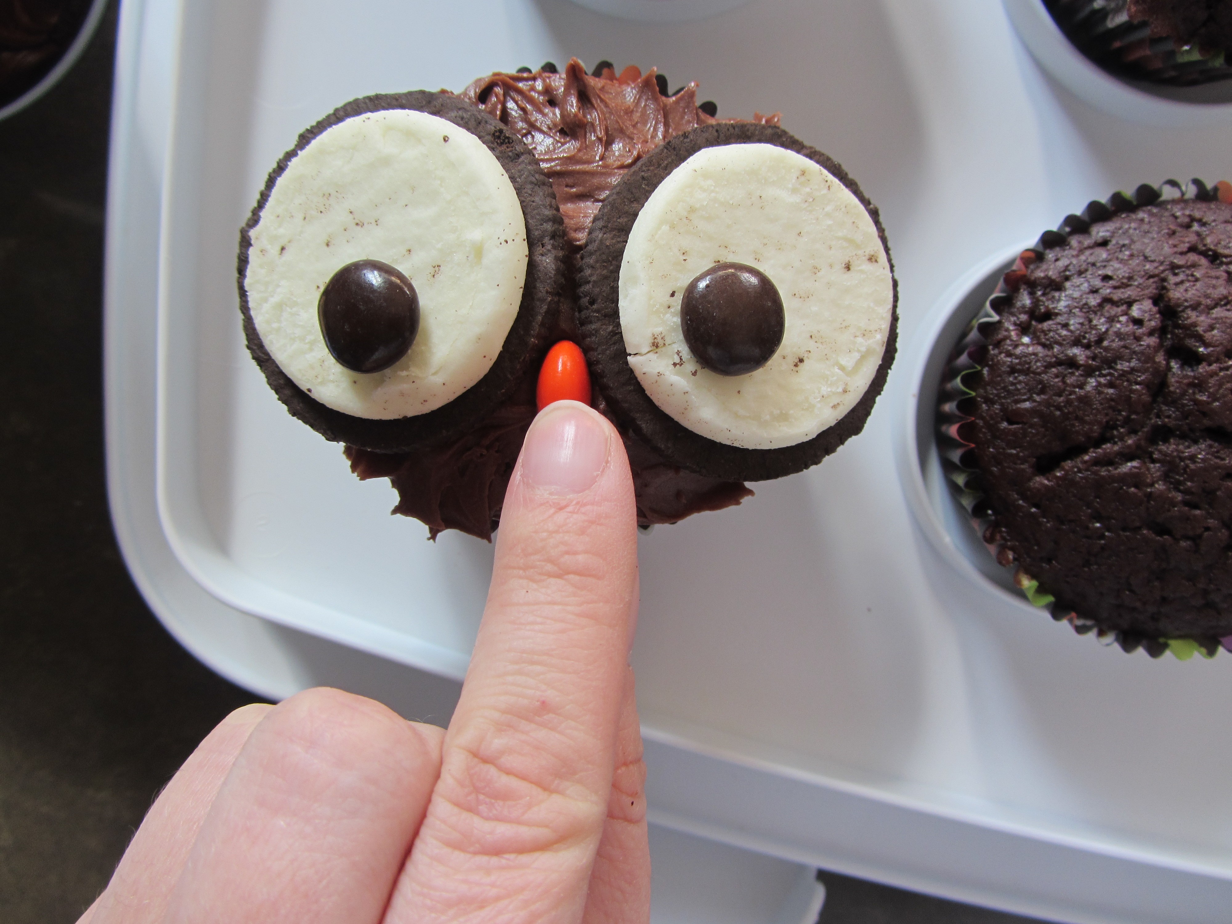 Stick on the eyes and the nose and you have yourself an owl cupcake.