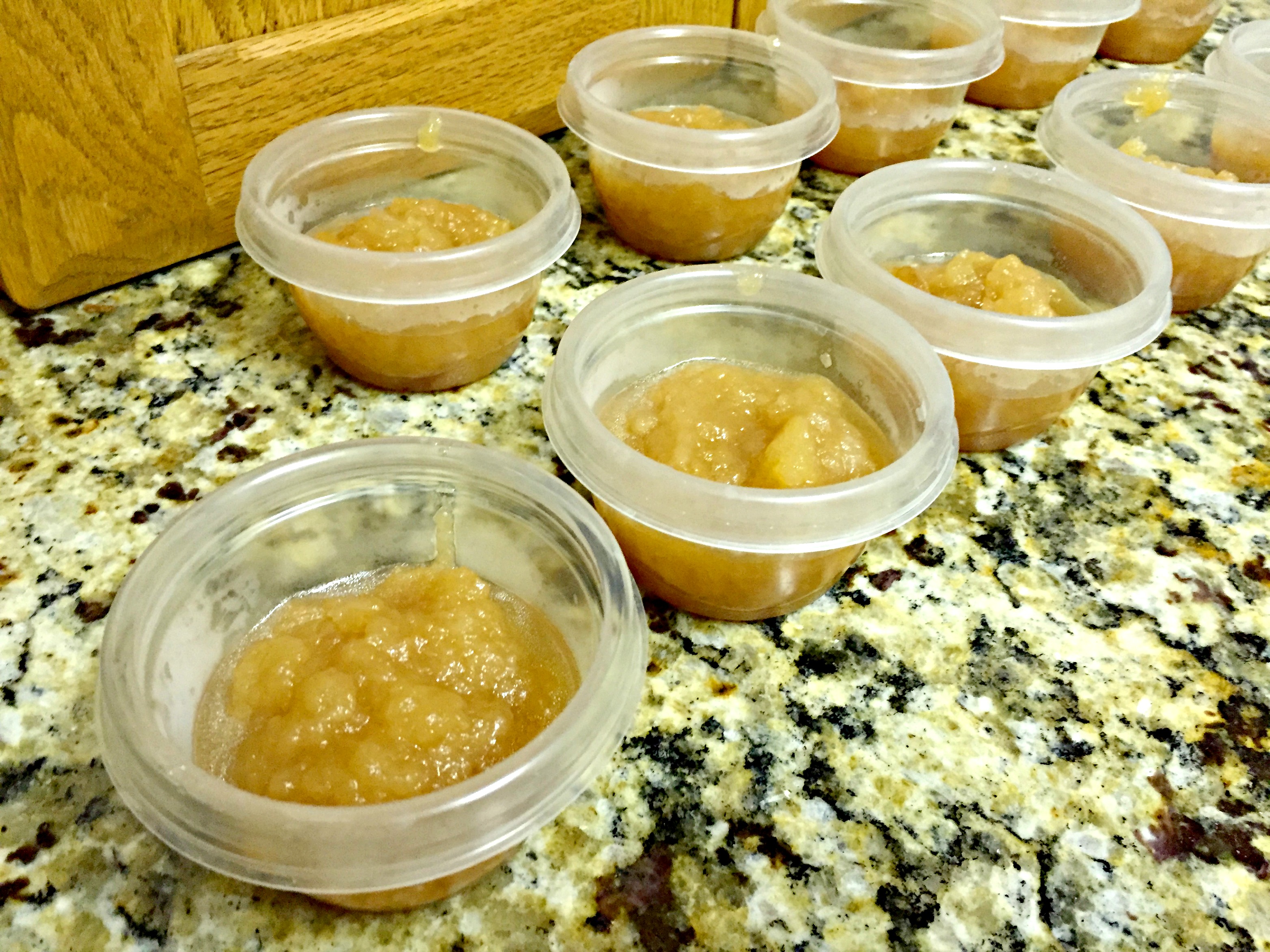 I used these small portion storage containers to divide the applesauce. I froze most of the containers & just pop them in the fridge the day before we want them. Perfect!